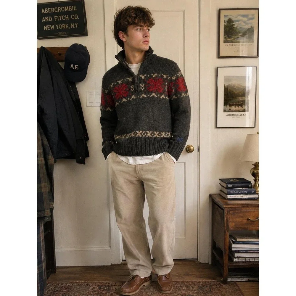 American Eagle Gray Chunky Wool Sweater, Fair Isle Quarter Zip Sweater,
